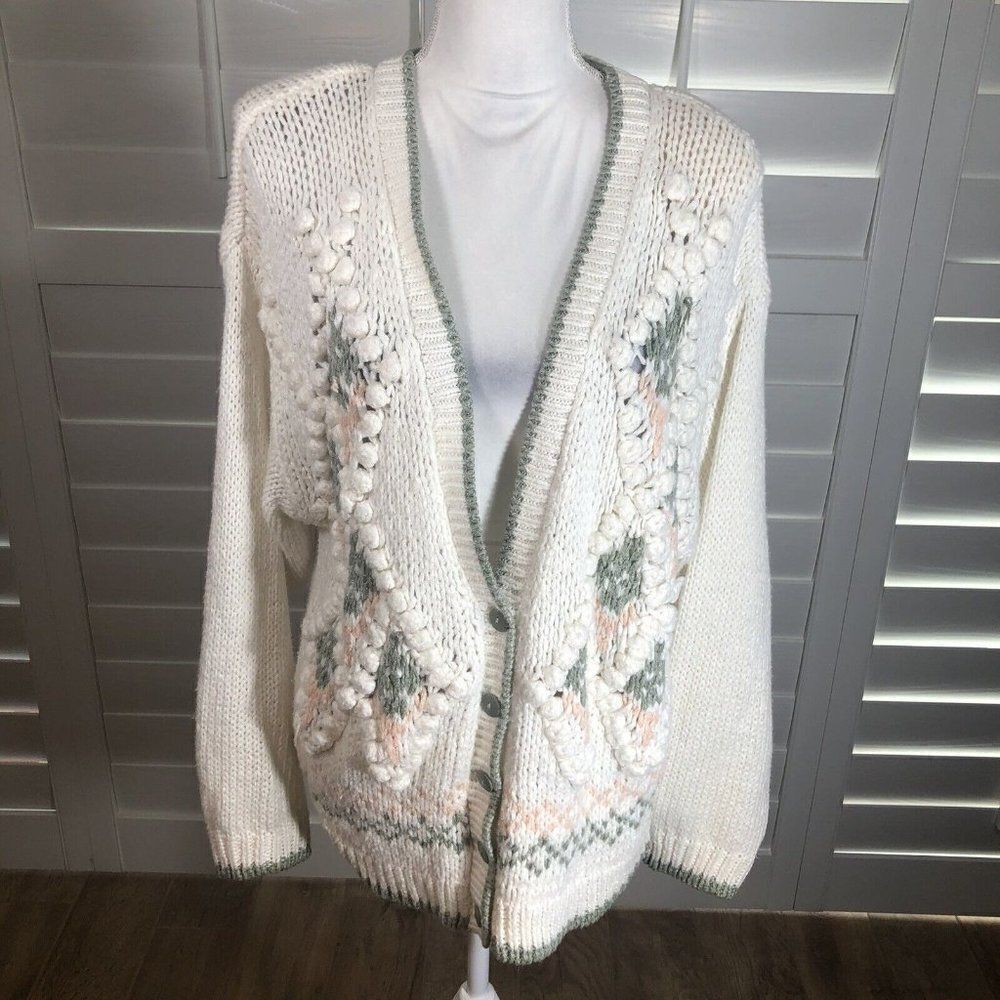 Vtg 80s Donagain Crochet Cardigan Sweater L White Cottage Core Grandma Cozy Pink